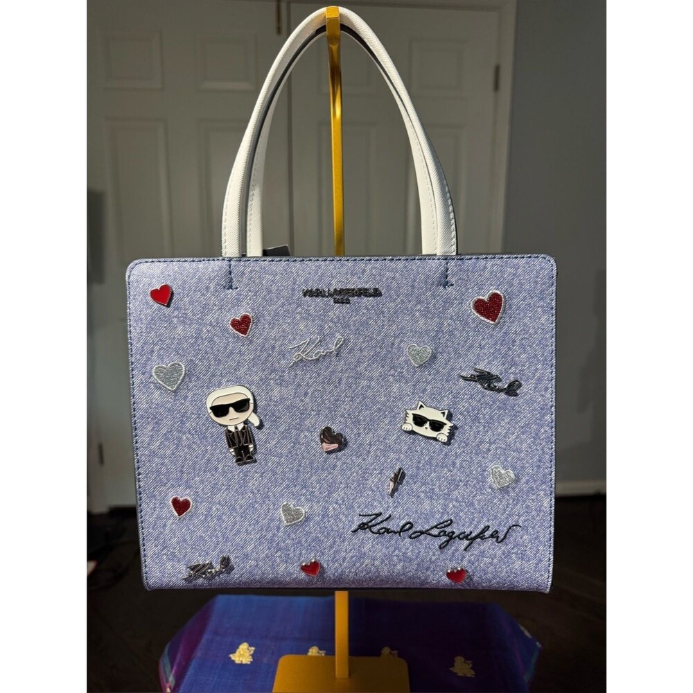 NWT Karl Lagerfeld Paris Maybelle Denim Saffiano Satchel Bag Pins